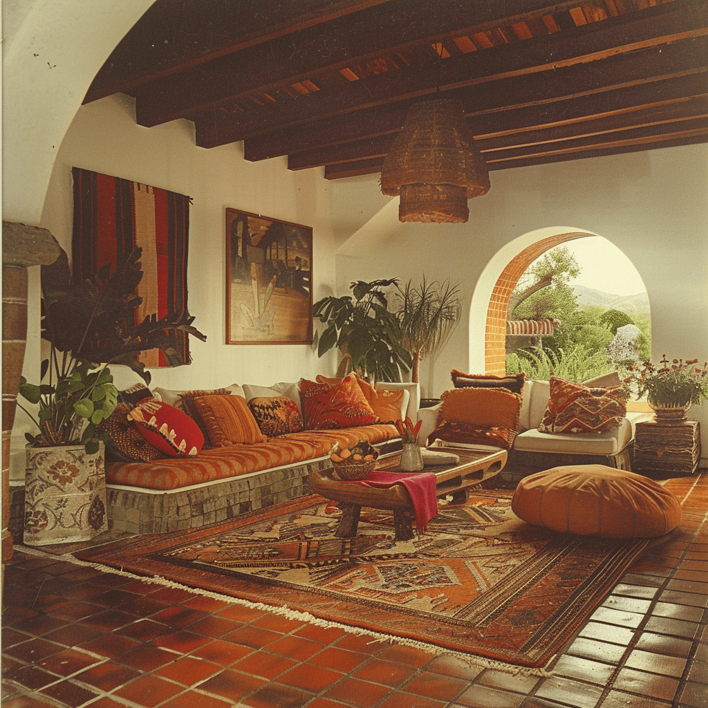 A warm and inviting 1970s living room featuring a stunning, hand-carved Mediterranean style coffee table, its intricate, scrolling details and rich, honey-colored wood adding a touch of old-world elegance and craftsmanship