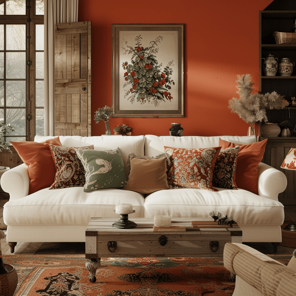 A warm and inviting English countryside cottage living room with terracotta walls, a creamy white sofa, rustic wooden furnishings, and accents in muted green and vibrant red