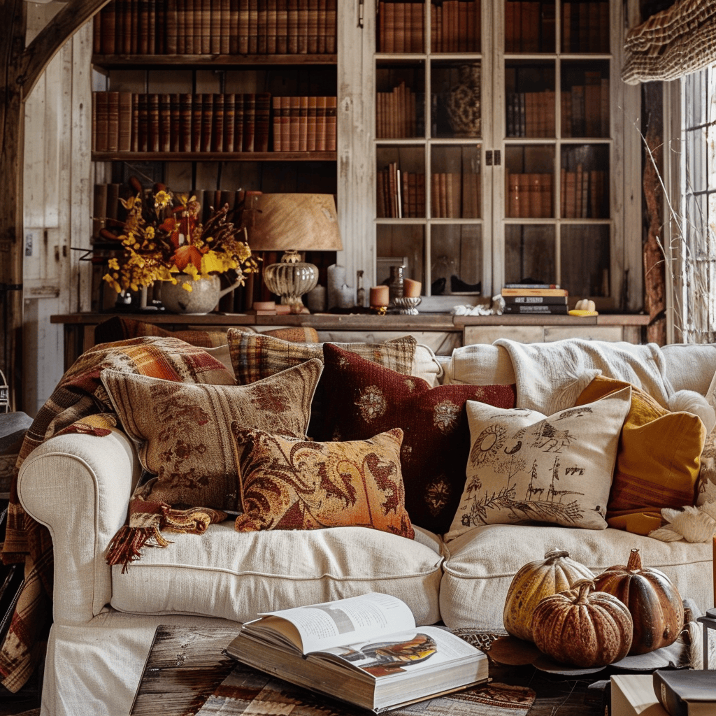 A warm and inviting English countryside living room adorned with rich, autumnal hues of burgundy, rustic orange, and golden yellow in textiles and decor, creating a cozy harvest-inspired atmosphere