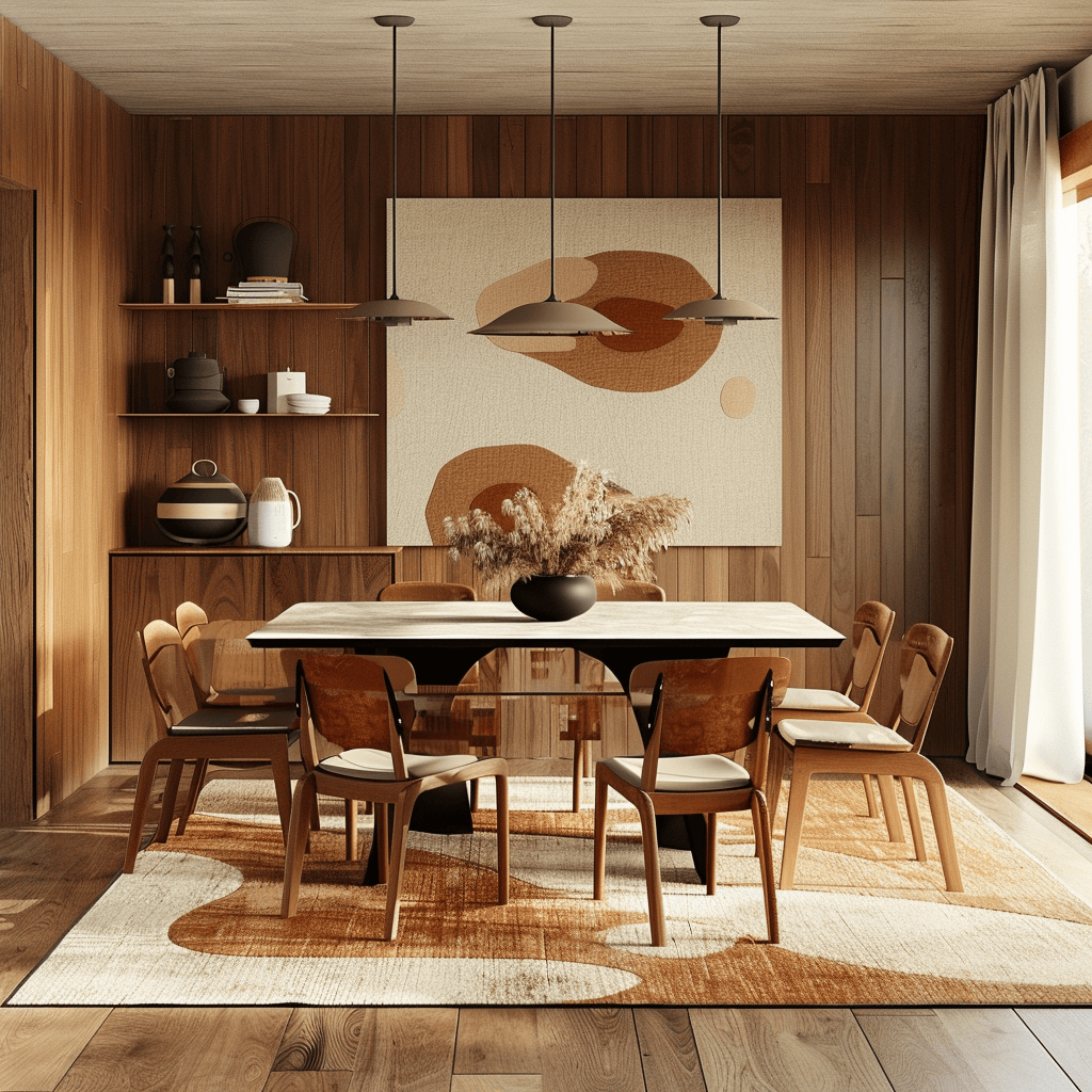 A warm and inviting mid-century modern dining room with clean lines and organic shapes, creating a sophisticated and timeless atmosphere1