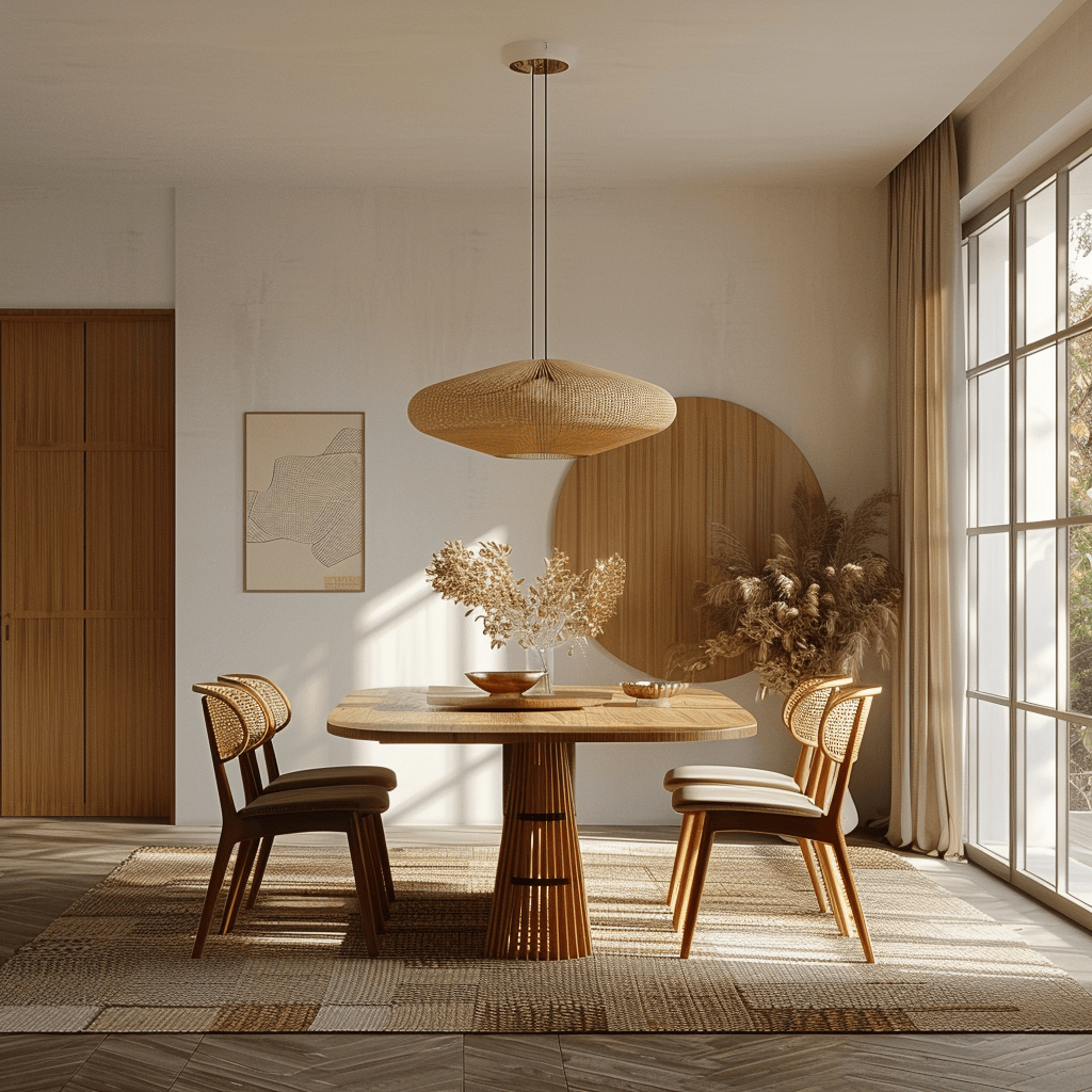 A warm and inviting mid-century modern dining room with clean lines and organic shapes, creating a sophisticated and timeless atmosphere3