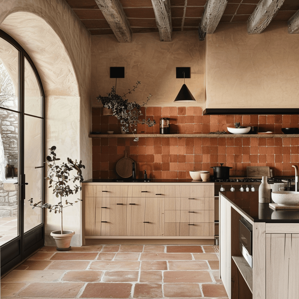 A warm and inviting modern kitchen with terracotta and rust-colored tiles, paired with natural wood cabinets and black accents