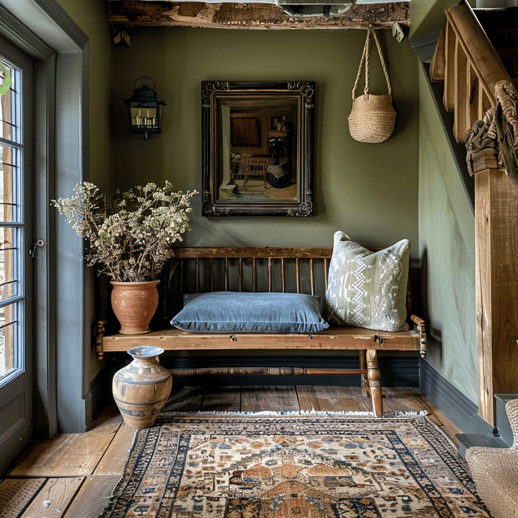 A welcoming English countryside entryway with olive green walls, a rustic wooden bench with a soft, muted blue cushion, and a vintage-inspired rug in complementary colors