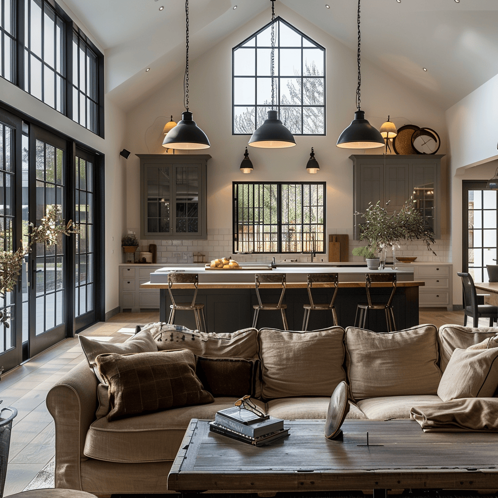 A well-lit Modern English Farmhouse living space that combines the soft glow of natural light with the stylish ambiance of industrial-style pendant lights and functional task lighting