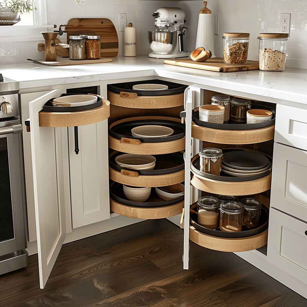 A well-organized kitchen featuring innovative storage solutions, such as pull-out pantry shelves, deep drawer organizers, and a corner cabinet with a lazy Susan, all seamlessly integrated into the cabinetry