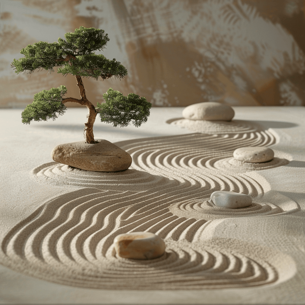 A zen garden with a minimalist design of rocks, sand, and a single small tree, embodying the less is more philosophy and focus on essential elements3