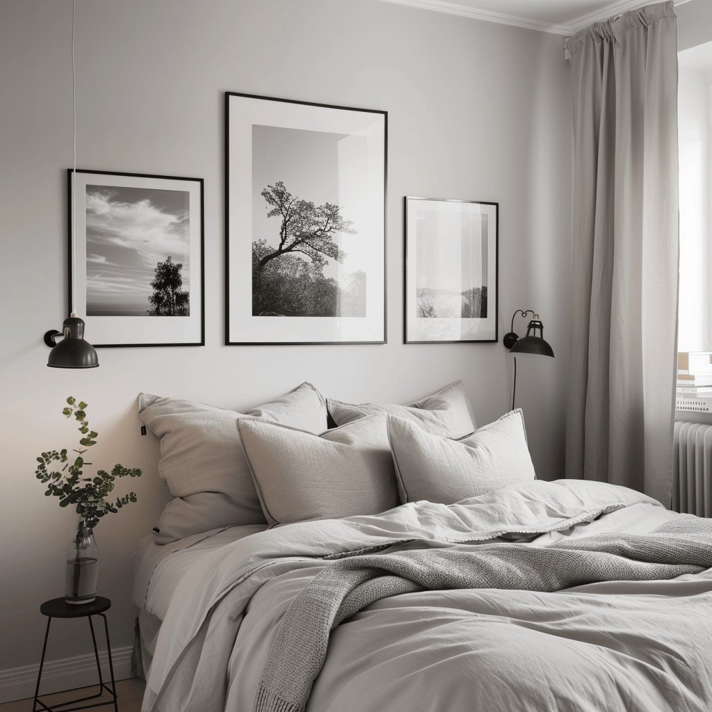 Abstract prints in muted tones or black-and-white nature photography adding visual interest to a Scandinavian bedroom without overwhelming the space