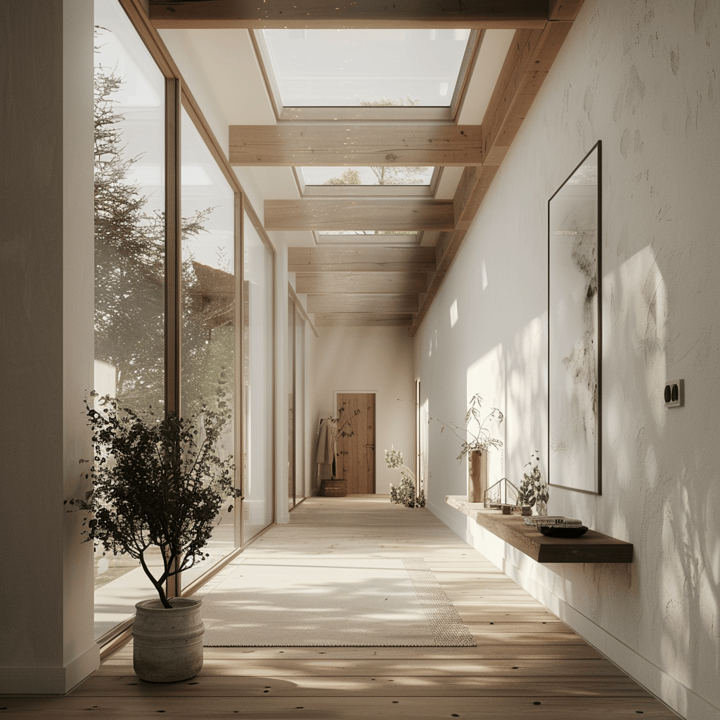 Abundant natural light floods this Scandinavian hallway through large windows, creating a bright, inviting atmosphere that connects the indoors with the outdoors