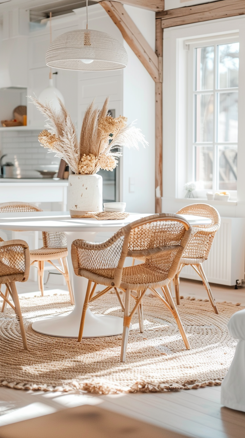 Additional seating options like poufs and ottomans in a modern boho dining room