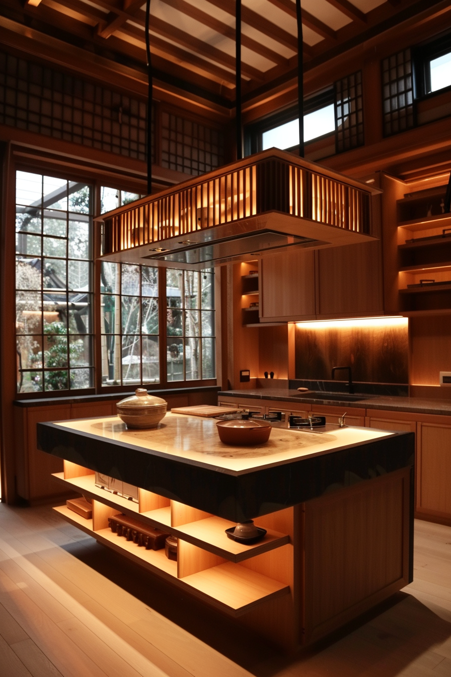 Aesthetic appeal of a Japanese kitchen with traditional sliding doors and tatami mats