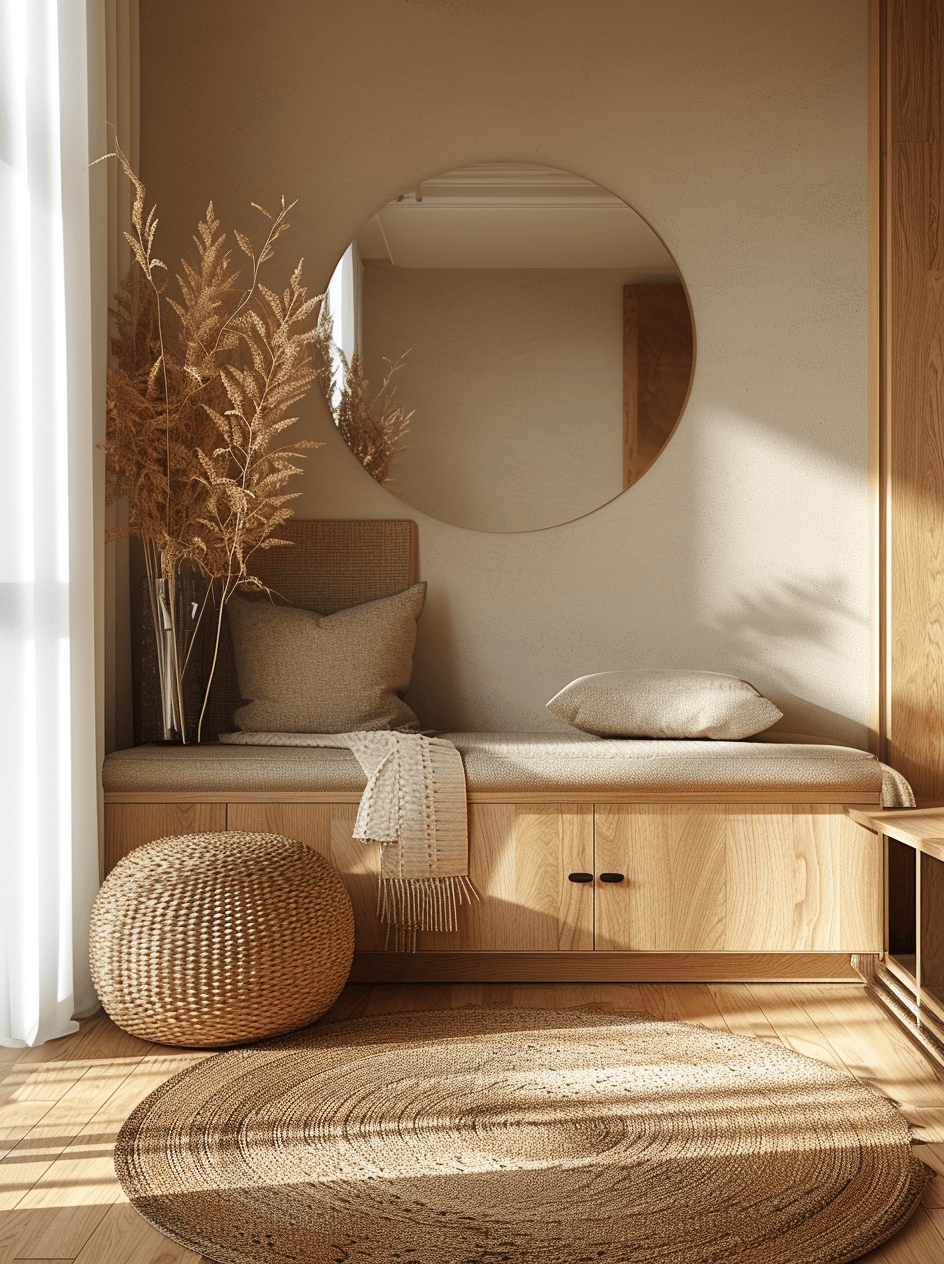 Airy Japandi entrance way with a harmonious mix of light woods and soft textiles