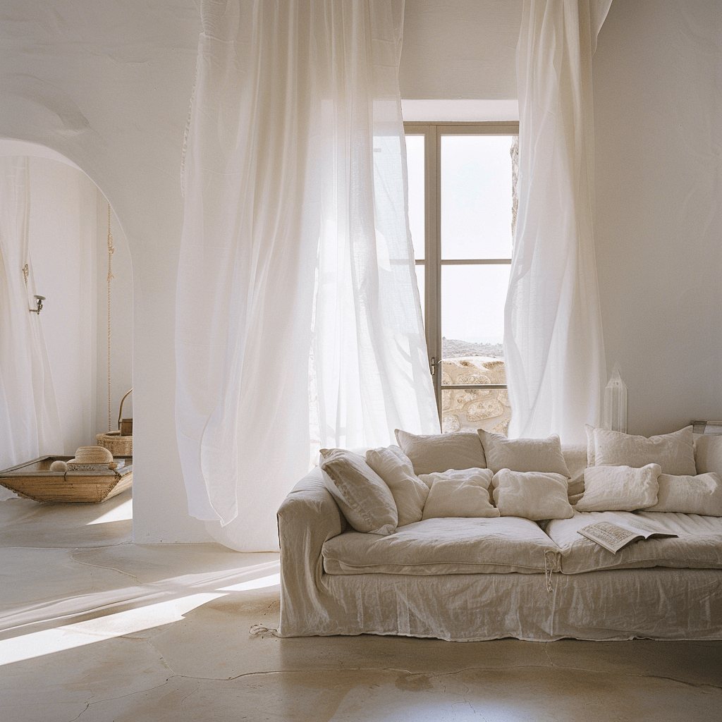 Airy Mediterranean living room showcasing bright white walls, a comfortable beige linen sofa, crisp white cushions, and flowing gauzy curtains