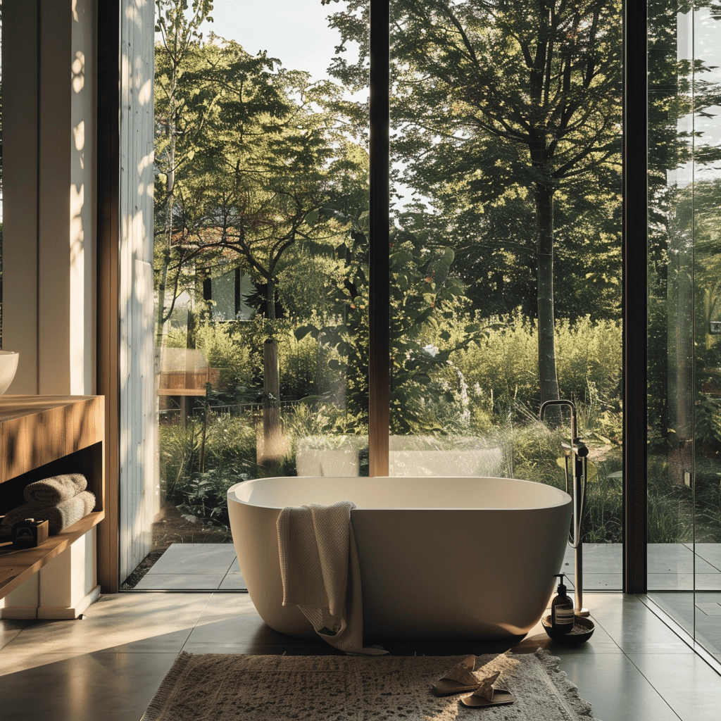 Airy Scandinavian bathroom featuring a generous window offering a picturesque view of nature