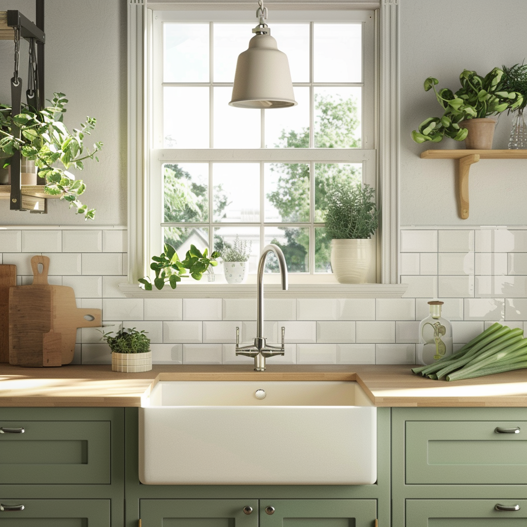 Airy kitchen space with sage green cabinetry and rustic wooden island