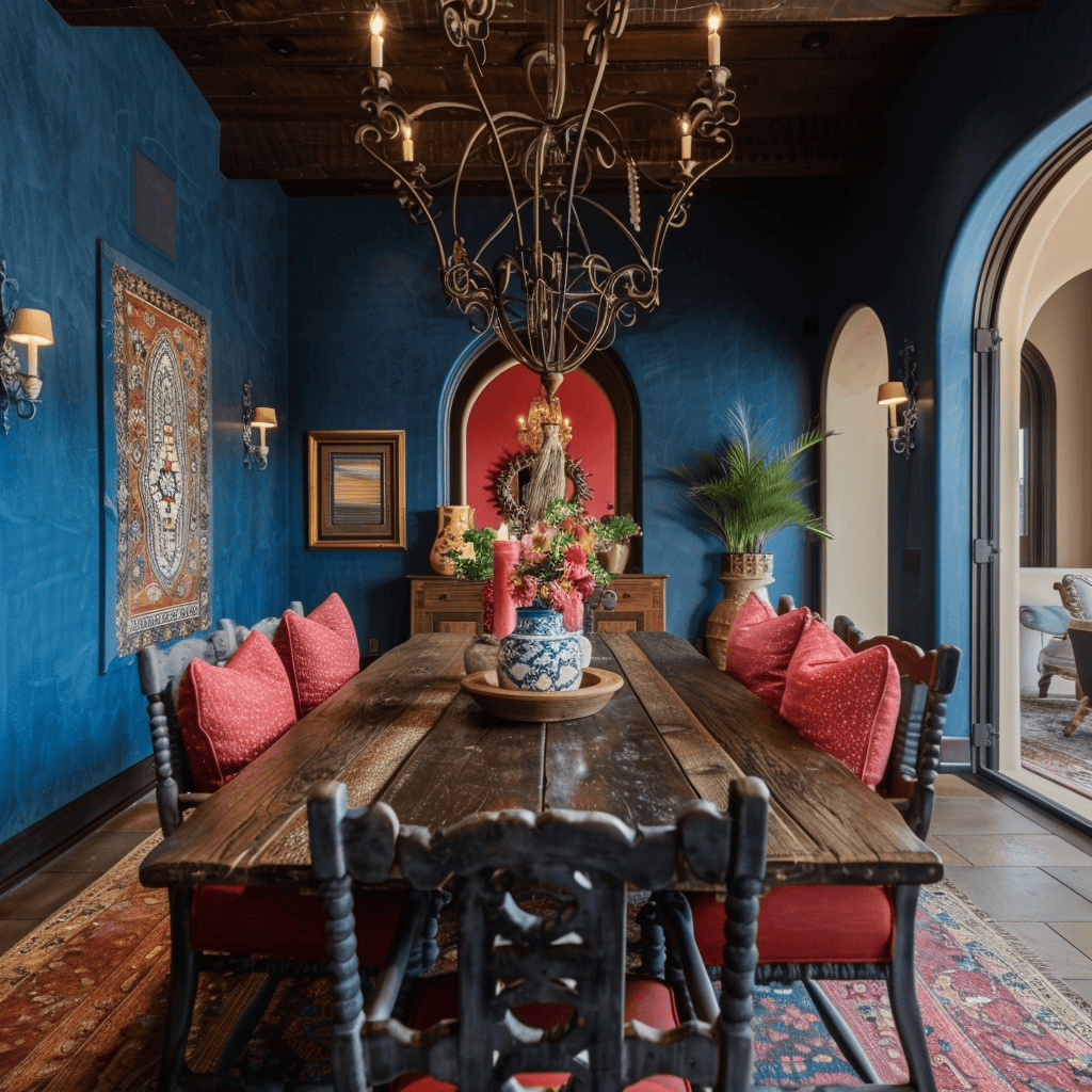 Alluring Mediterranean-style dining space showcasing bold blue walls, a large wood table, and coral seating