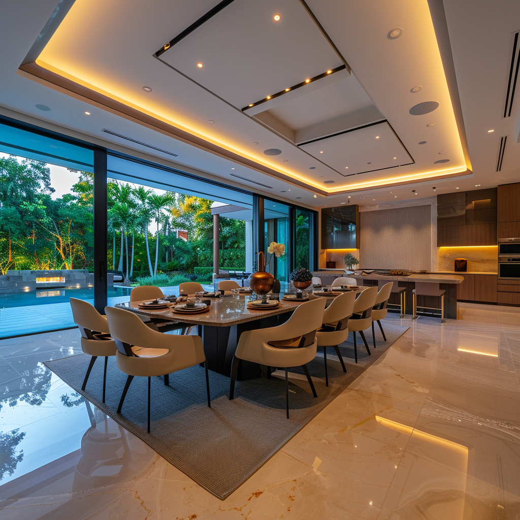 Ambient illumination and highlighted features are achieved in this modern dining room through the use of carefully placed recessed lighting