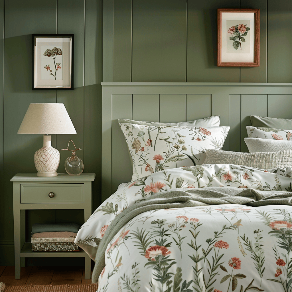 An English countryside-inspired bedroom that brings the beauty of nature indoors, with muted sage green walls, a botanical print duvet cover in delicate pinks and greens, and floral artwork, creating a tranquil, refreshing retreat