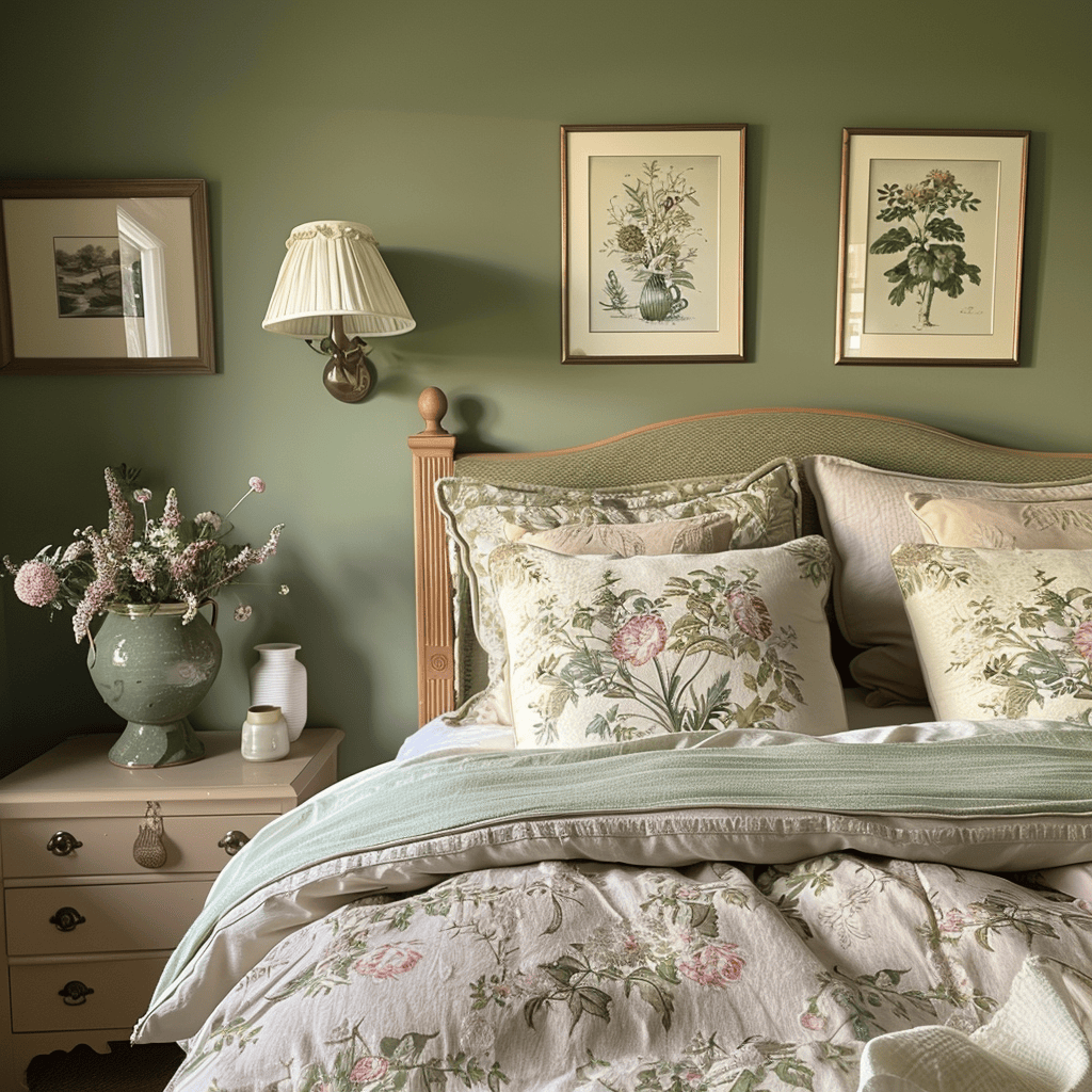 An English countryside-inspired bedroom with muted sage green walls, a botanical print duvet cover in soft pinks and greens, and floral artwork, creating a serene, nature-inspired retreat