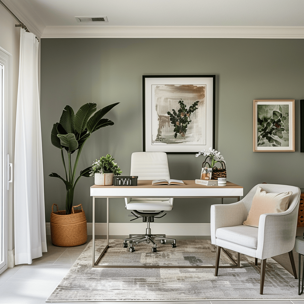 An English countryside-inspired home office that embraces modernity, with clean lines, a sleek white desk, a muted gray accent wall, and earthy green and terracotta accents in plants and artwork, resulting in a balanced, contemporary space