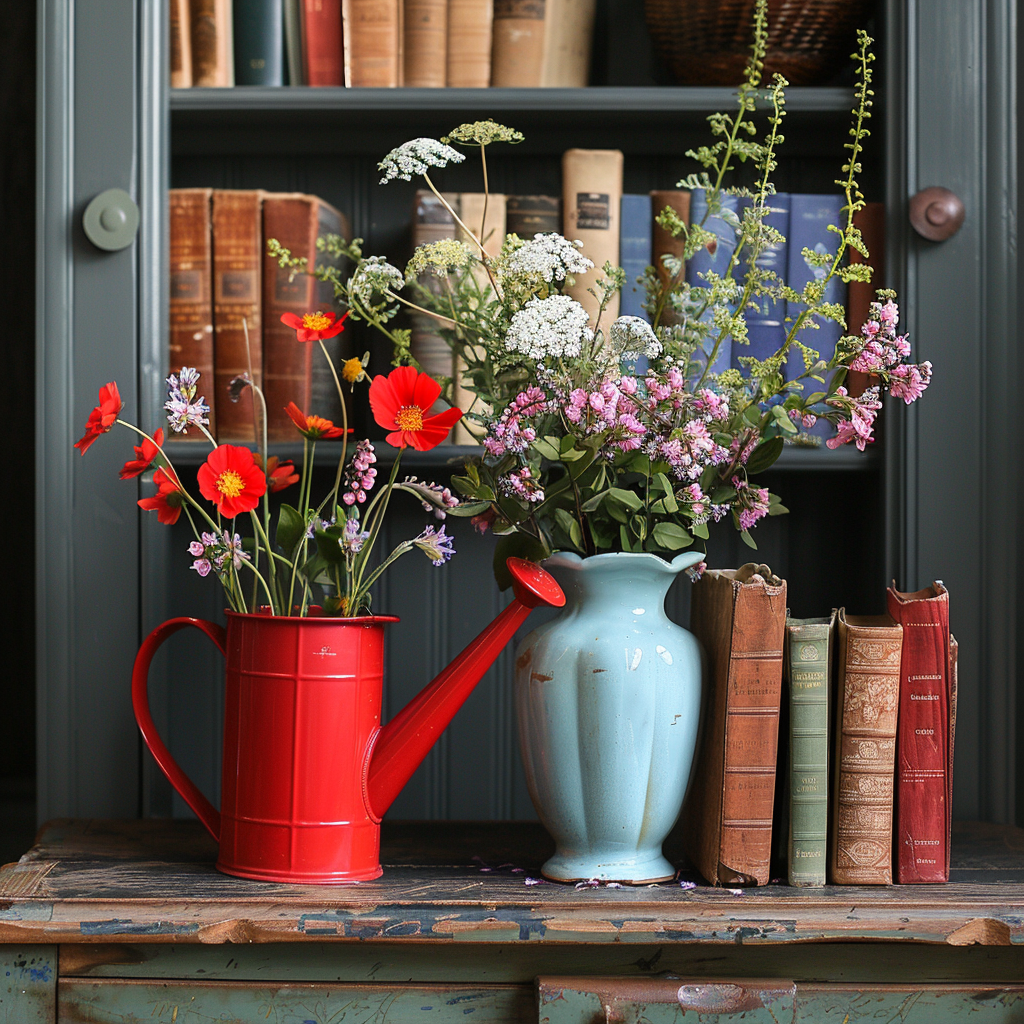 An English countryside-inspired vignette that captures the essence of the style, featuring a lively red vintage watering can, a muted blue ceramic vase with wildflowers, and a stack of antique books in rich, earthy tones