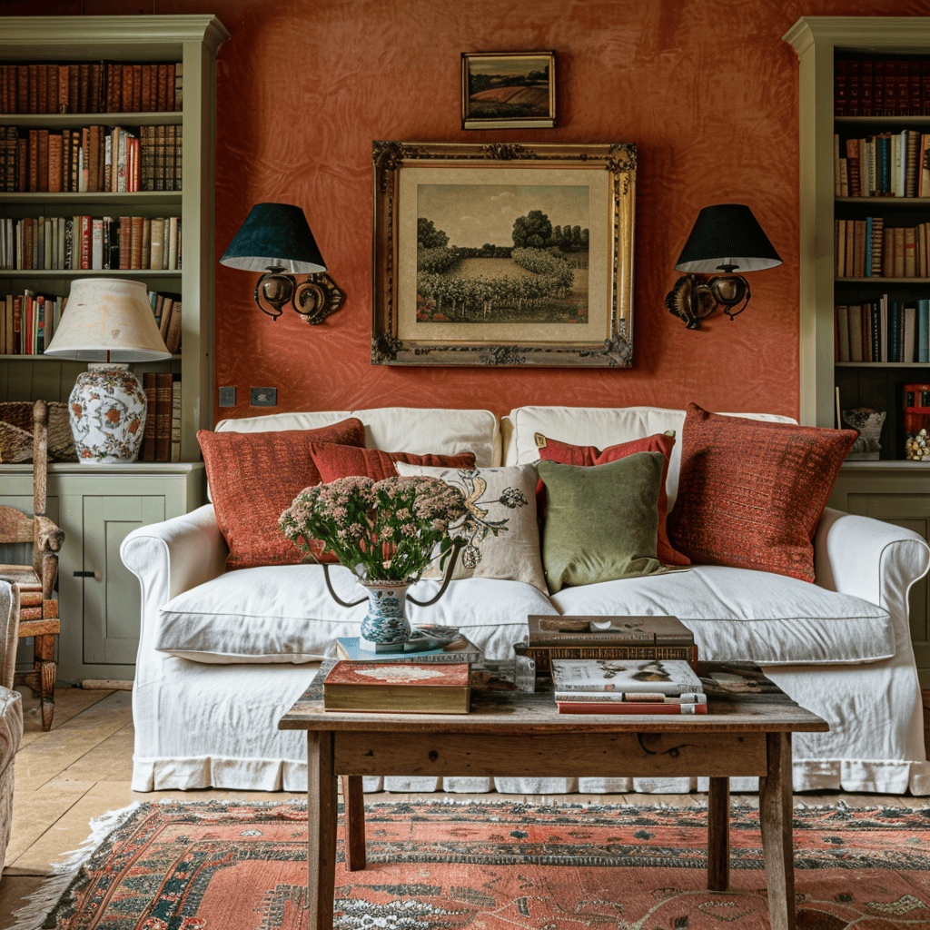 An English countryside cottage living room that embodies coziness, with terracotta walls, a creamy white sofa, rustic wooden furnishings, and accents in muted green and lively red, resulting in a delightfully inviting space