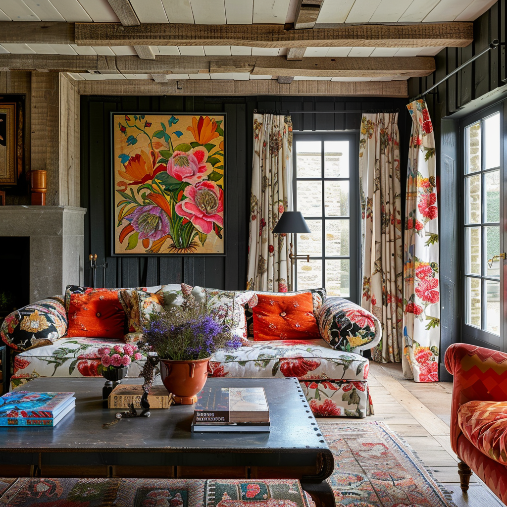 An English countryside dining room that comes to life with vibrant accents, including a red vintage telephone booth-style cabinet and lively wildflower centerpieces, set against muted sage green walls