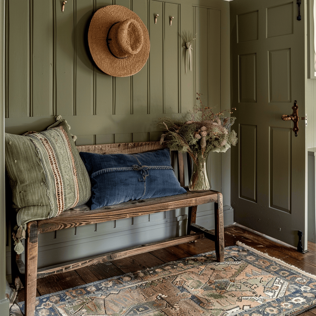 An English countryside entryway that sets the tone for a charming home, with olive green walls, a rustic wooden bench featuring a muted blue cushion, and a vintage-inspired rug in complementary colors, resulting in an inviting, warm space