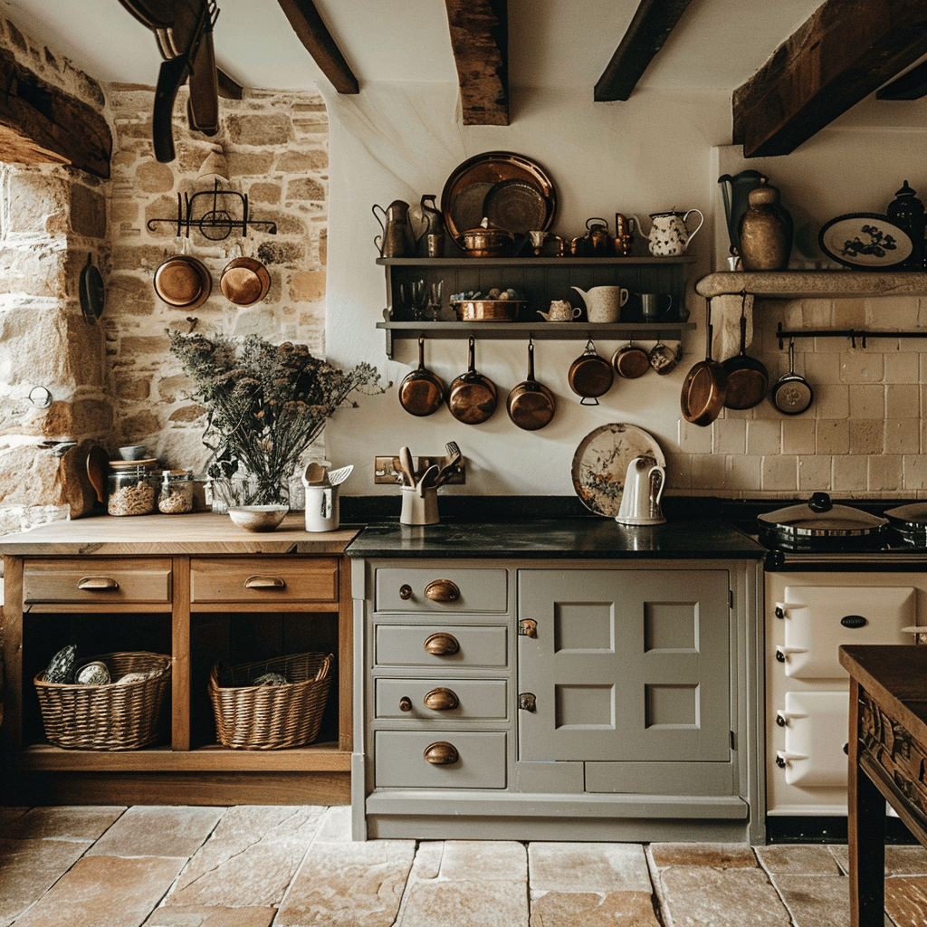 An English countryside kitchen that embraces the charm and warmth of rural living, creating a space that feels like a true home