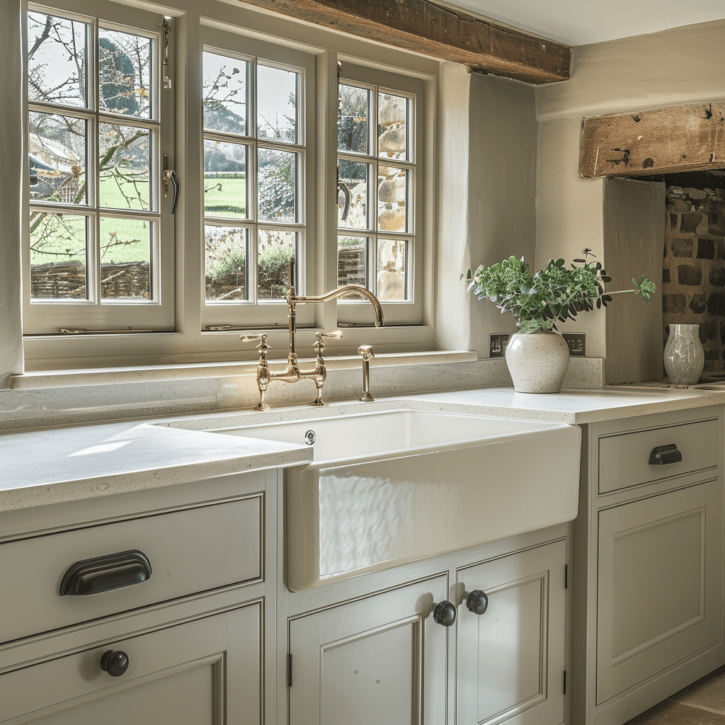 An English countryside kitchen with a Belfast or farmhouse sink, adding a timeless and practical feature to the space