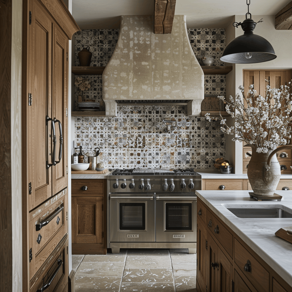An English countryside kitchen with a tile backsplash featuring rustic patterns, adding texture and visual interest to the space