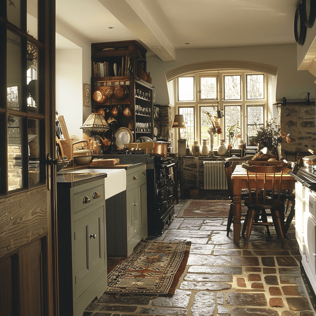 An English countryside kitchen with a welcoming atmosphere, inviting family and friends to gather and enjoy each other's company