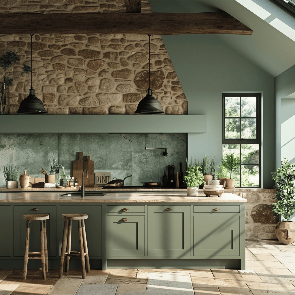 An English countryside kitchen with accent colors inspired by nature, bringing a fresh and organic feel to the space