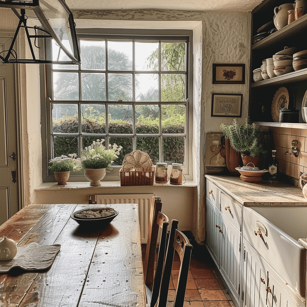 An English countryside kitchen with antique and vintage accessories, adding character and a sense of history to the space