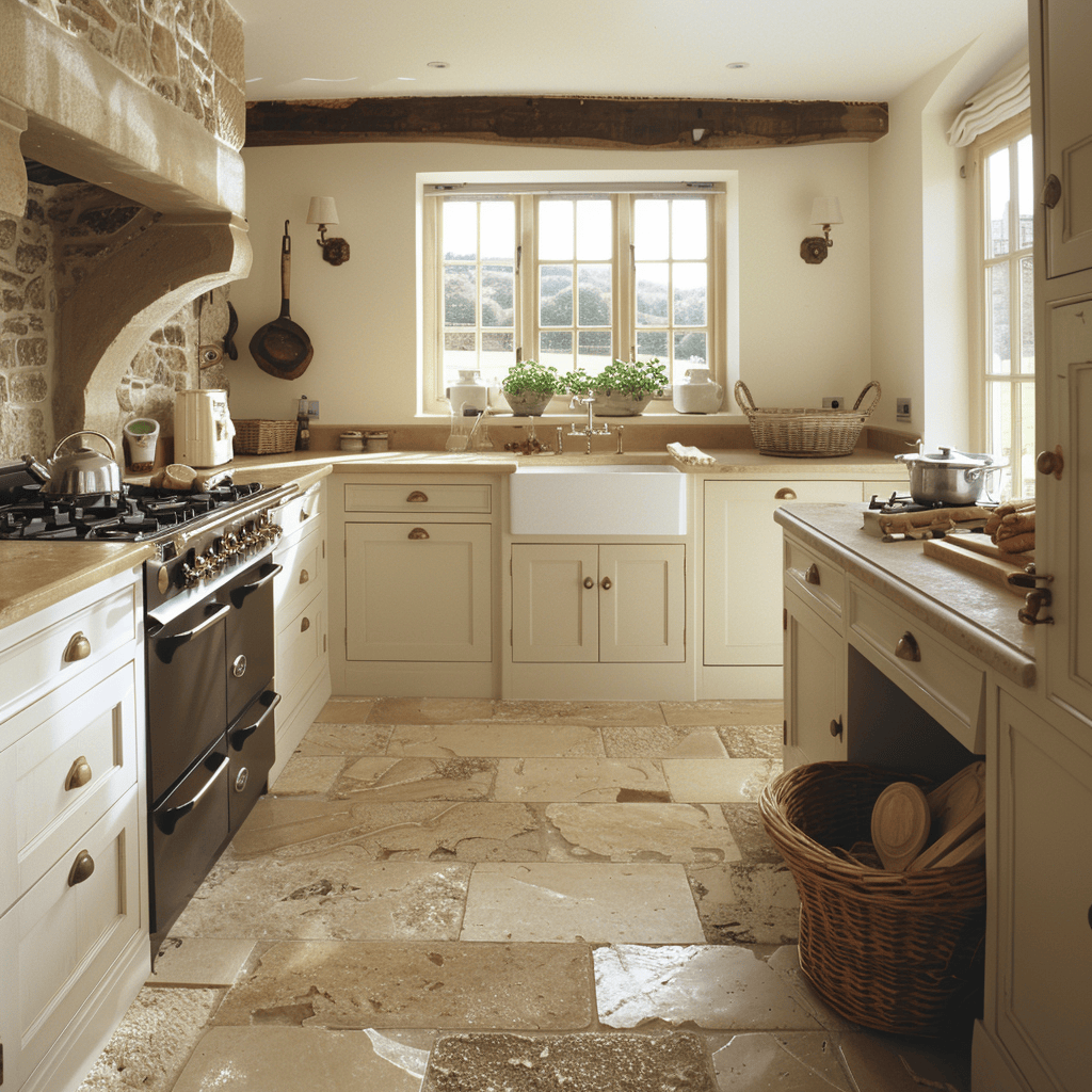 An English countryside kitchen with natural stone countertops, adding a touch of elegance and durability to the space