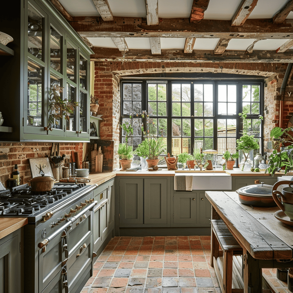 An English countryside kitchen with rustic wooden beams and exposed brick walls, adding character and warmth to the space