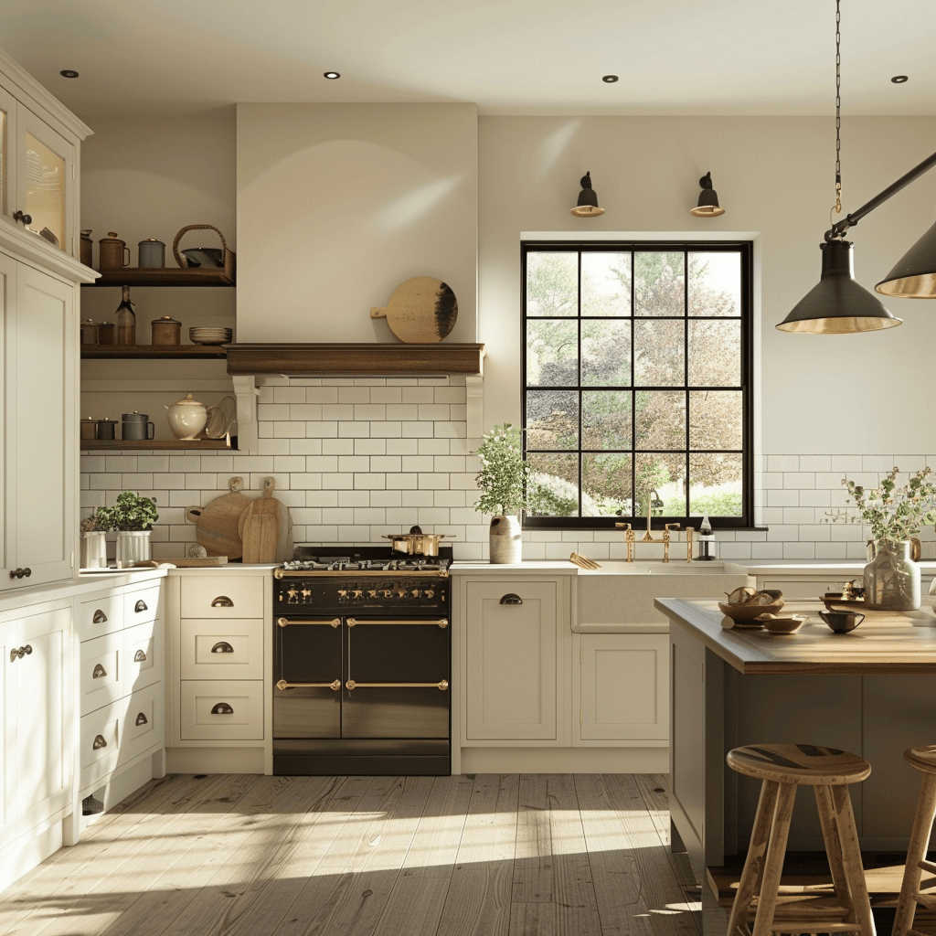 An English countryside kitchen with traditional Shaker-style cabinets, adding a classic