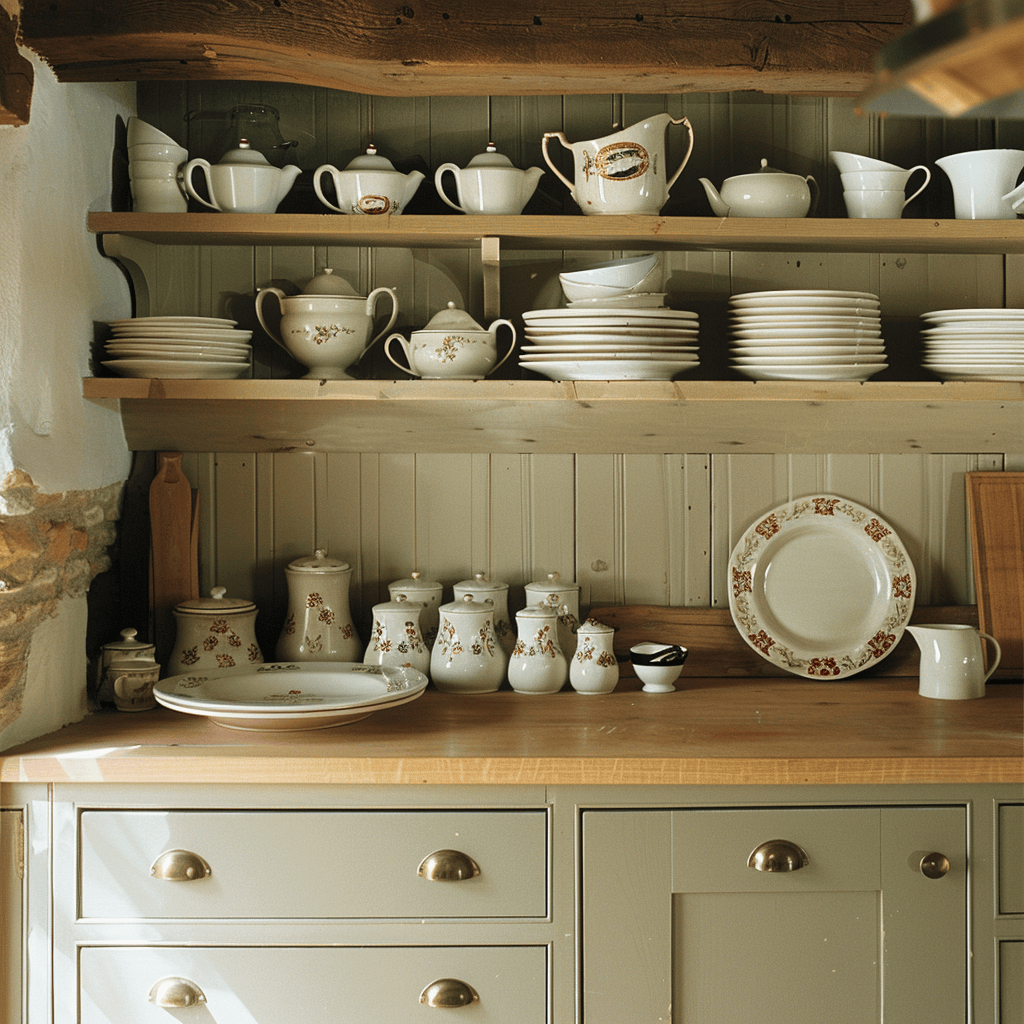 An English countryside kitchen with traditional Shaker-style cabinets and open shelving displaying charming crockery, creating a classic and timeless look