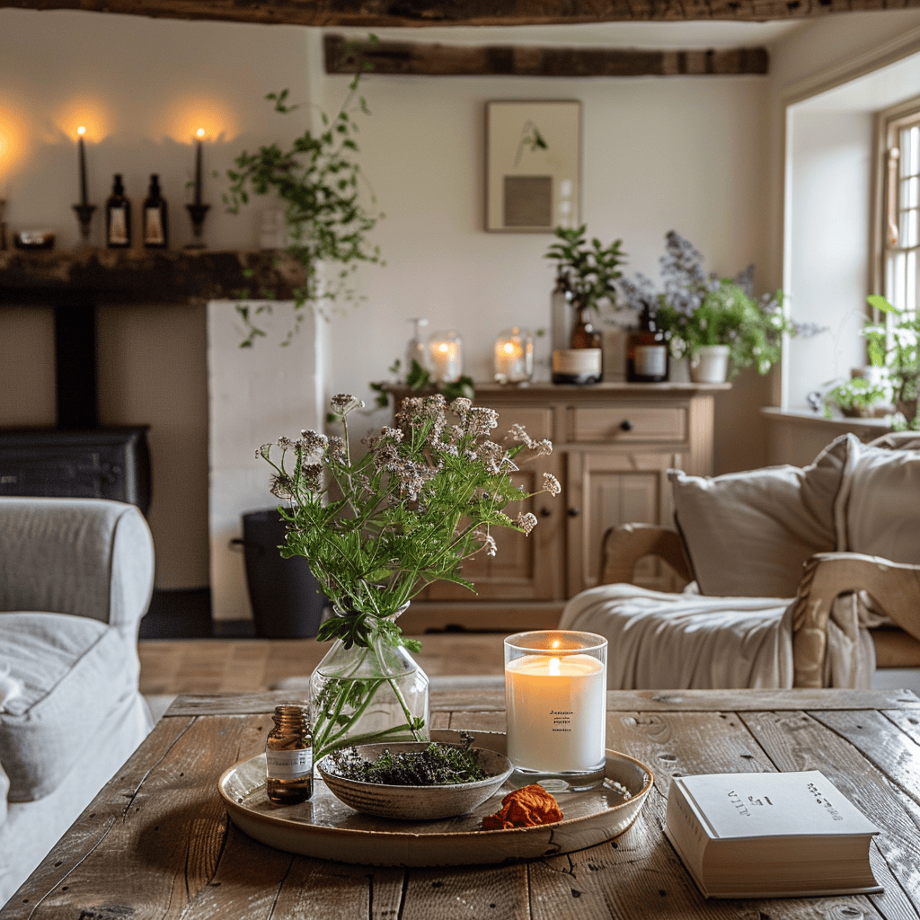 An English countryside living room filled with inviting fragrances from scented candles, essential oil diffusers, or fresh flowers, evoking the natural aromas of the countryside, such as lavender, rosemary, or freshly cut grass copy