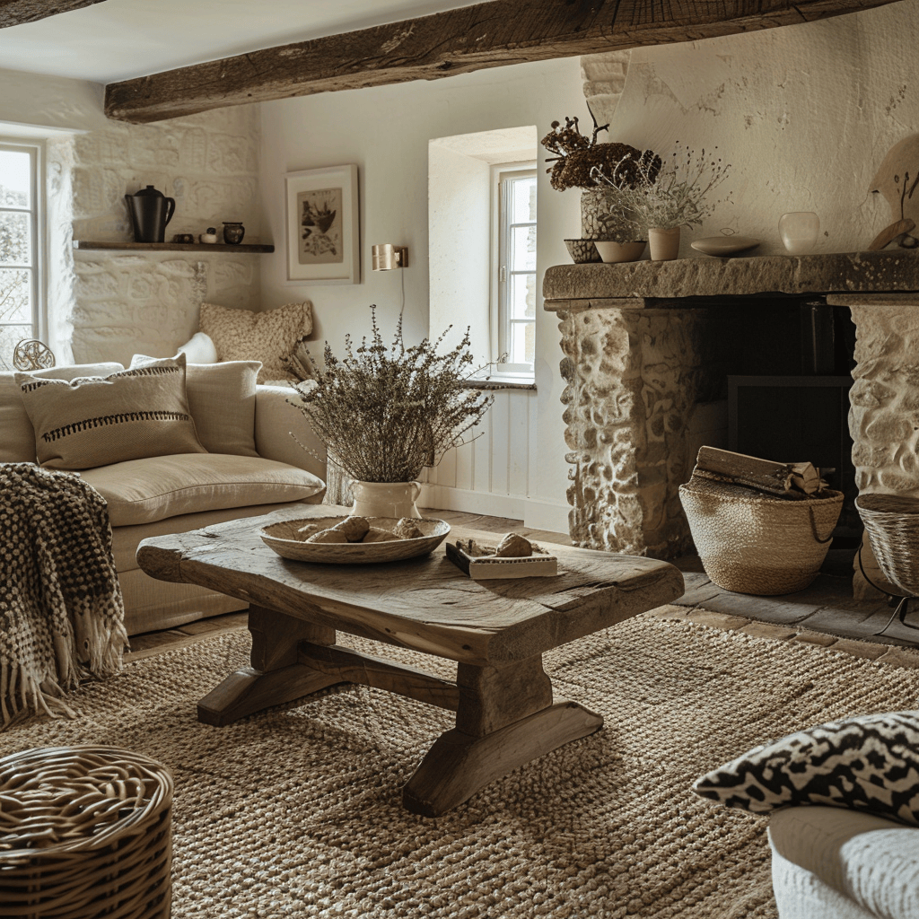An English countryside living room that celebrates the beauty of natural elements, with a rough-hewn wooden coffee table, a stone fireplace, and woven baskets and rugs in earthy tones, resulting in a warm, inviting space