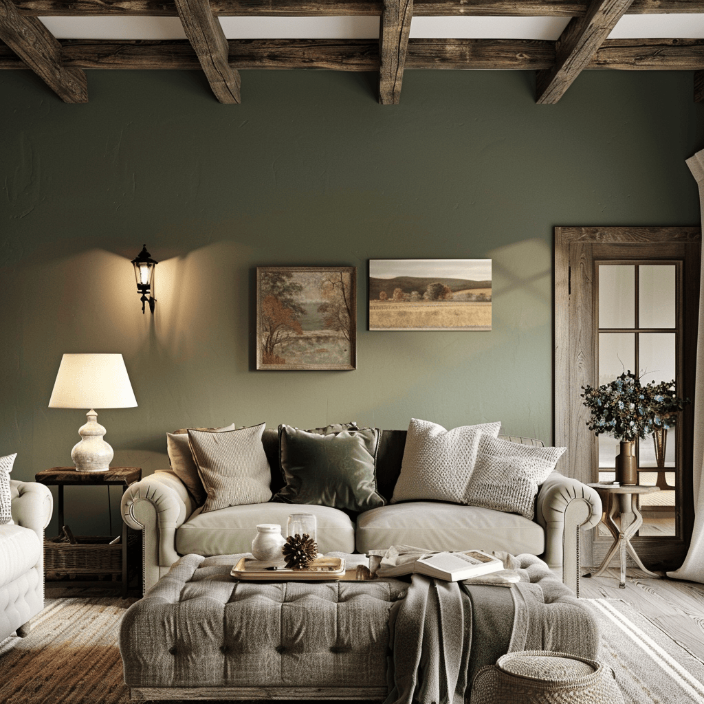 An English countryside living room that embodies warmth and comfort, with walls in an earthy tone, a muted green accent wall, and a ceiling featuring exposed wooden beams, contributing to its inviting atmosphere