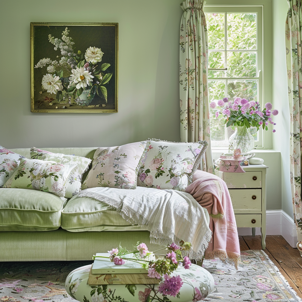 An English countryside living room that embraces the beauty of spring, with muted green walls, gentle pastel accents in pale pink and lavender, fresh flowers, and botanical prints, resulting in a space that captures the essence of the season