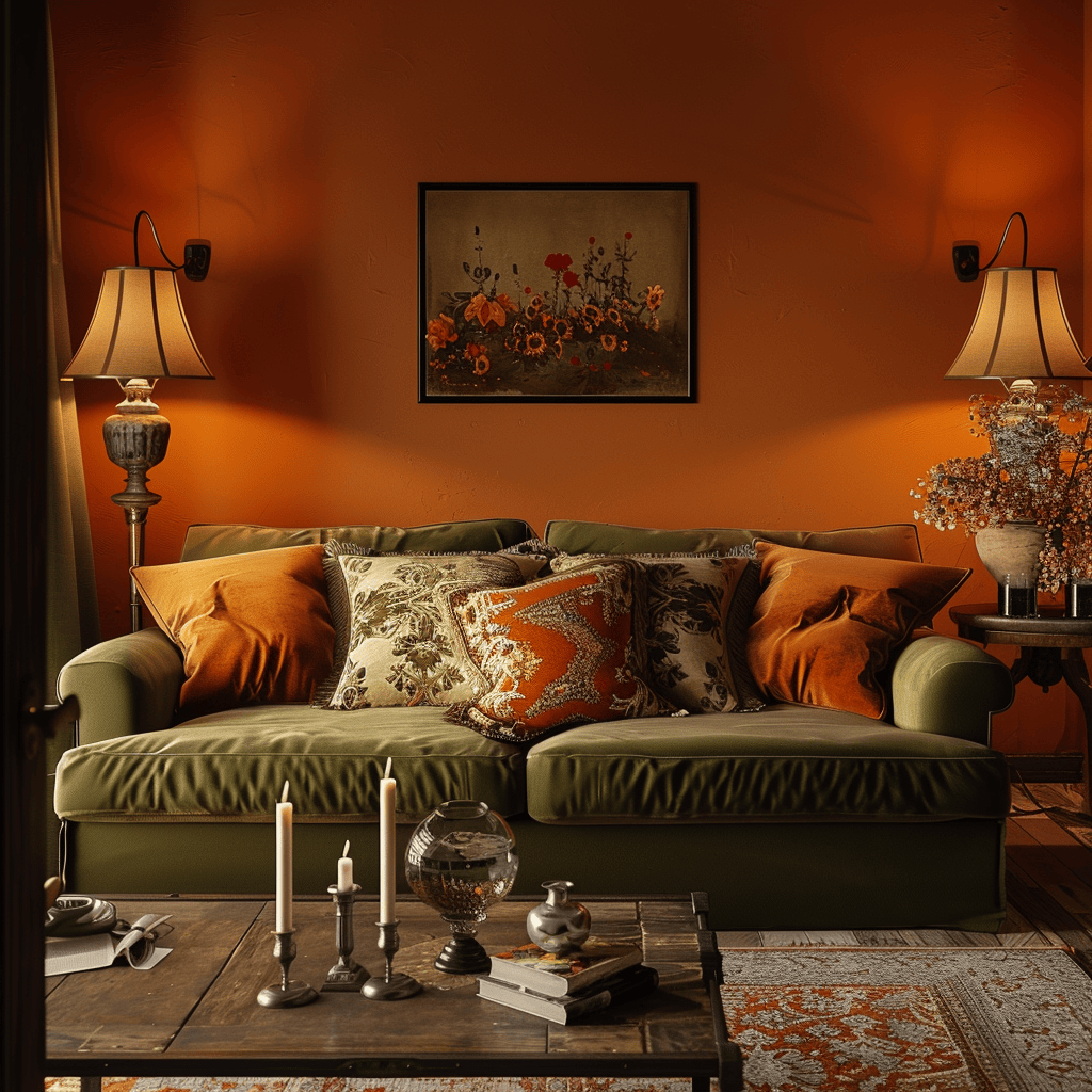 An English countryside living room that embraces warmth and intimacy, with terracotta walls, an olive green sofa, and golden lighting from table lamps and candle-style fixtures, creating an inviting, comfortable space