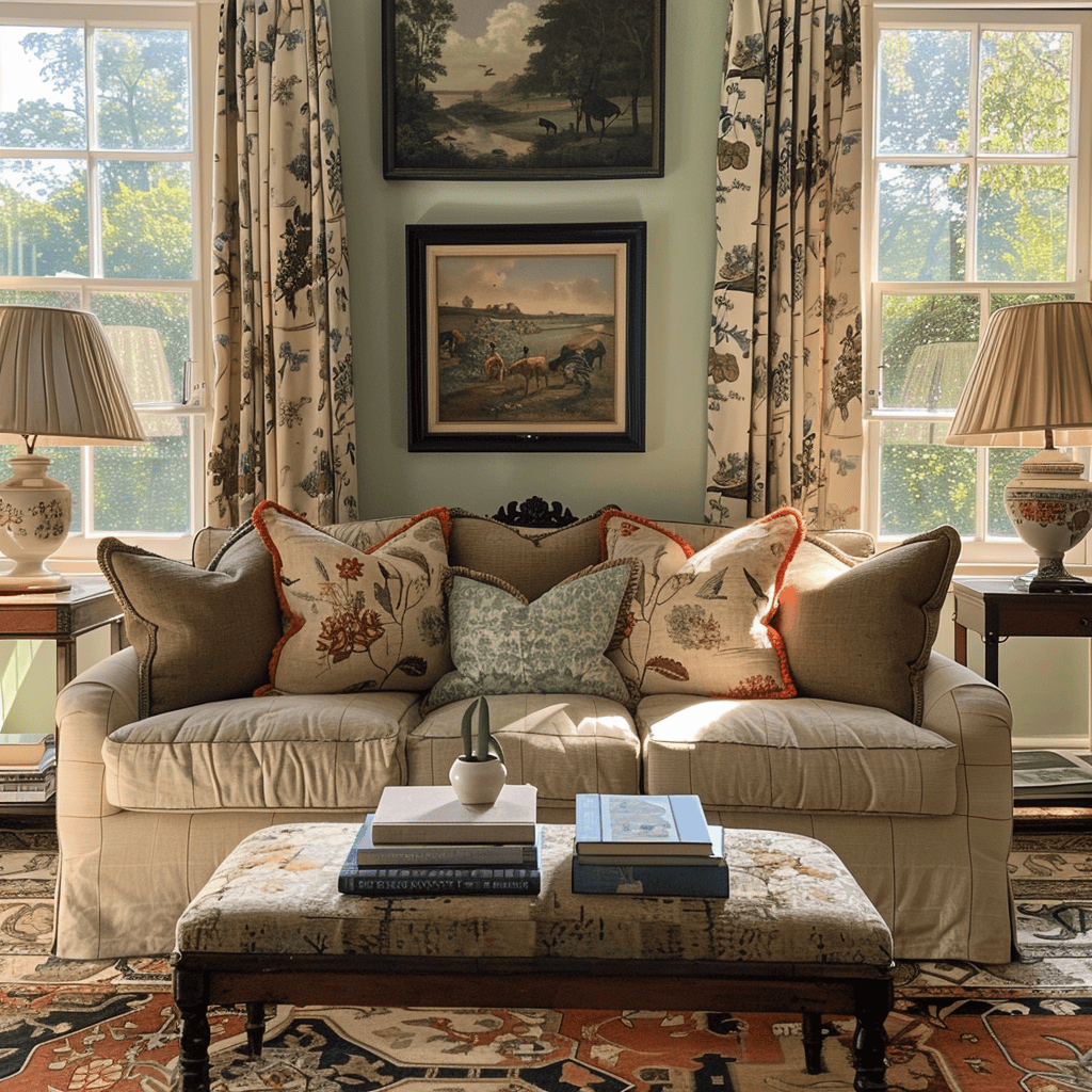 An English countryside living room that incorporates accent colors inspired by the natural landscape, such as soft greens, muted blues, and earthy terracotta tones, creating a connection to the outdoors