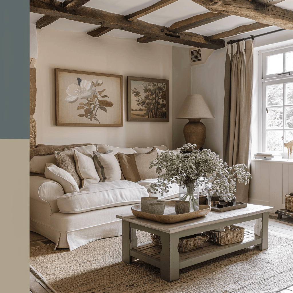 An English countryside living room with a color scheme that effortlessly blends the calming tones of nature, creating a peaceful and inviting atmosphere
