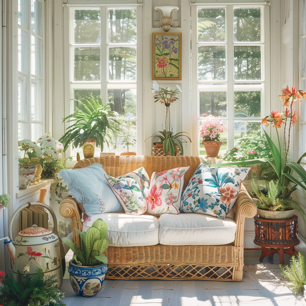 An English countryside sunroom that brings the garden indoors, with creamy white walls, wicker furniture, and delightful garden-inspired accents such as potted plants, a vintage watering can