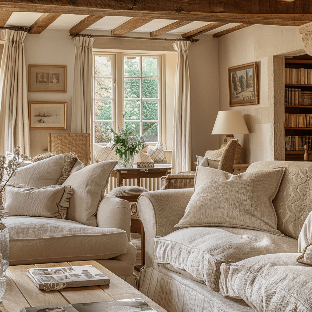 An English living space that celebrates the timeless elegance of neutral tones, creating a serene and inviting atmosphere that serves as the perfect backdrop for personal touches and accents