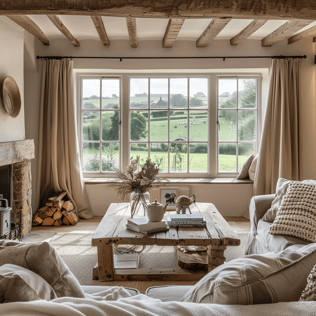 An English living space that comes alive with the addition of thoughtful finishing touches, including layered textiles, cherished objects, and natural elements