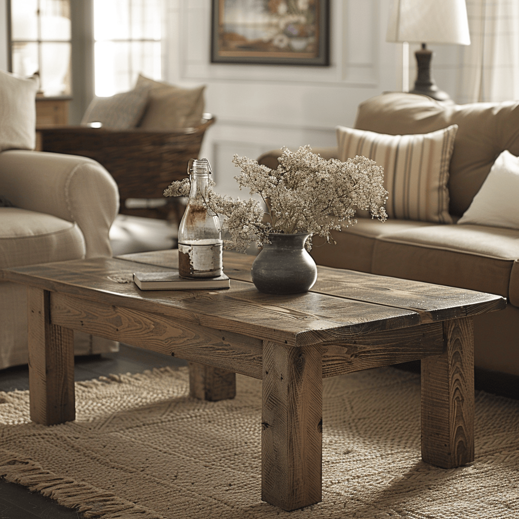 An English living space that is enhanced by the presence of a charming farmhouse coffee table, which adds warmth, character, and a touch of rustic charm to the overall design
