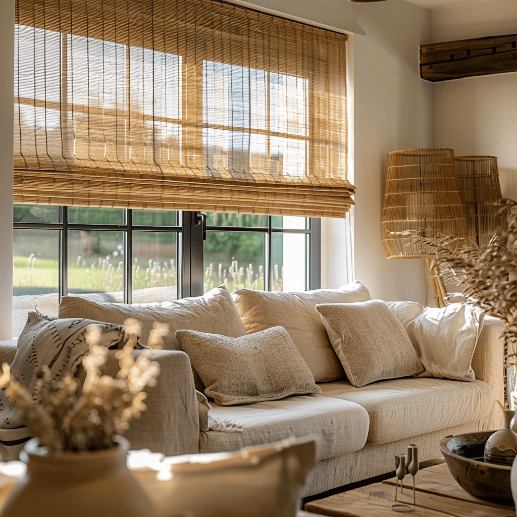 An English living space that is enhanced by the presence of well-chosen blinds and shades, which provide essential functionality while contributing to the overall sense of warmth and texture in the room