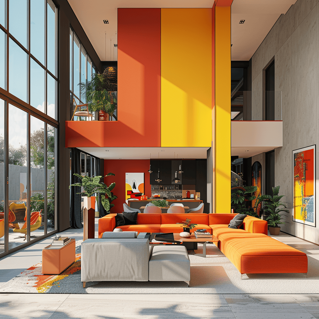An aesthetically pleasing modern open-plan living area seamlessly combining various contemporary color features, generating a harmonious, appealing, and engaging space that exemplifies the significance of color in interior design
